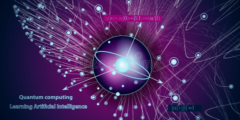 Quantum computing abstract tech background concept with qubit. Learning artificial intelligence element. Cryptography infographic vector. Big data algorithms visualization. Quantum computing abstract tech background concept with qubit. Learning artificial intelligence element. Cryptography infographic vector. Big data algorithms visualization