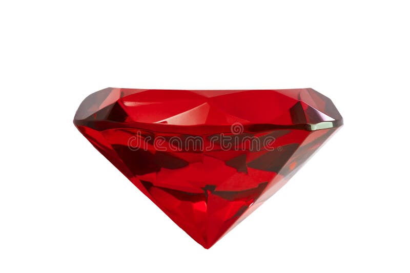Conceito de joias e pedras de gema com aproximação em uma pedra vermelha de rubi isolada em fundo branco com trilho