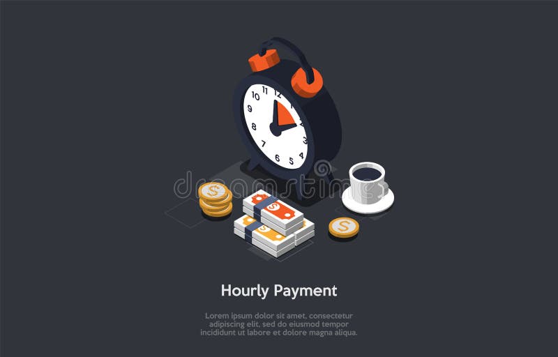 Business And Finance, Time Management, Business Planning, Hourly Payment Concept. Clock, Cup Of Coffee, Coins And Wads Of Money On Graphite Background. Time Is Money. 3d Isometric Vector Illustration. Business And Finance, Time Management, Business Planning, Hourly Payment Concept. Clock, Cup Of Coffee, Coins And Wads Of Money On Graphite Background. Time Is Money. 3d Isometric Vector Illustration.