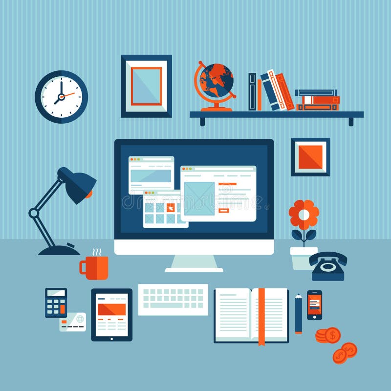 Conceito de projeto liso do espaço de trabalho moderno do negócio ilustração stock Conceito de projeto liso do espaço de trabalho moderno do negócio ilustração stock