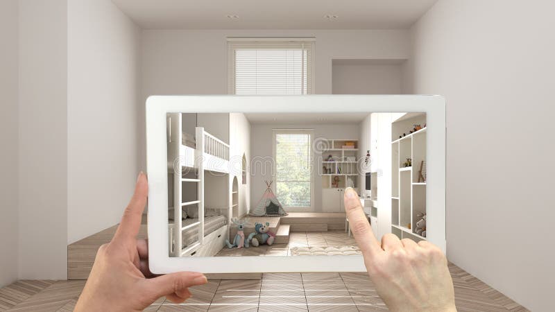 Conceito de realidade aumentada. Mão a segurar tablet com aplicação de RA utilizada para simular móveis e produtos de design num e ilustração stock