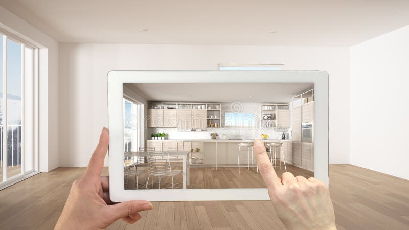 Conceito de realidade aumentada. Mão a segurar tablet com aplicação de RA utilizada para simular móveis e produtos de design num e fotografia de stock