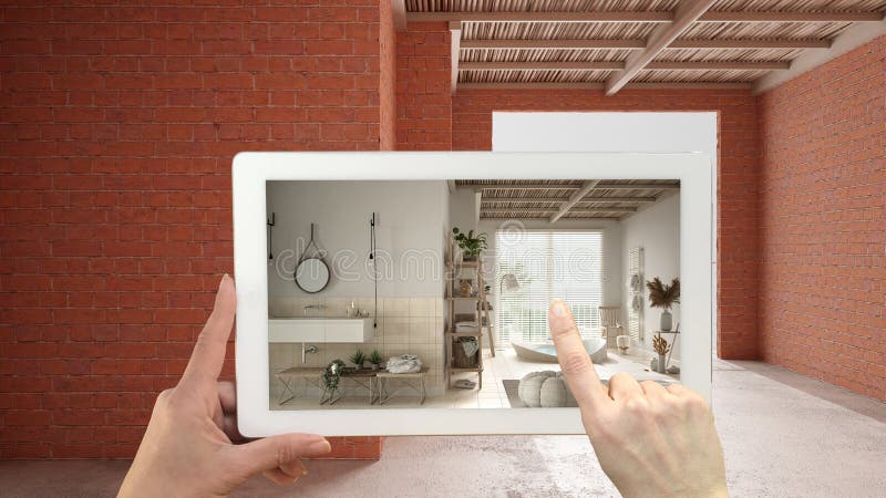 Conceito de realidade aumentada. Mão a segurar tablet com aplicação de RA utilizada para simular móveis e produtos de design num i fotografia de stock