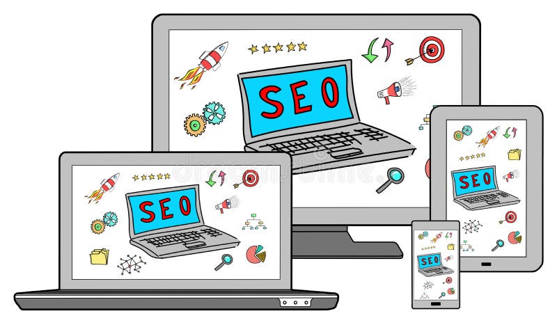 Conceito de Seo em dispositivos diferentes imagem de stock Conceito de Seo em dispositivos diferentes imagem de stock
