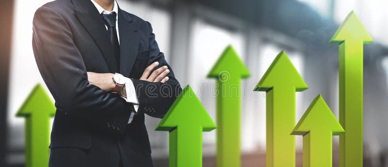 Positive Growing Business Success Concept. Asian Businessman on Blurred Office Background. 3D Green Arrow Up. Positive Growing Business Success Concept. Asian Businessman on Blurred Office Background. 3D Green Arrow Up.