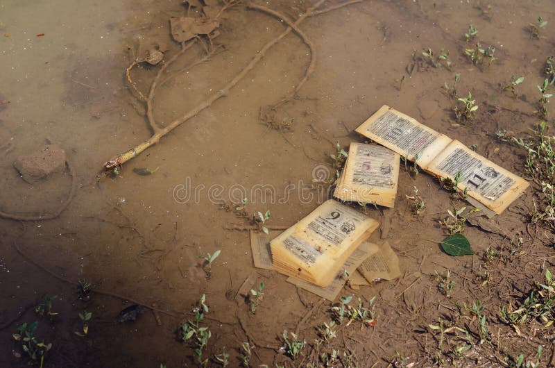 Irretrievably Lost Time Concept. Pages of an old tear-off calendar floating in a muddy puddle. Inscriptions in Russian indicate the date, month, sunrise and sunset times,  and other information. Irretrievably Lost Time Concept. Pages of an old tear-off calendar floating in a muddy puddle. Inscriptions in Russian indicate the date, month, sunrise and sunset times,  and other information