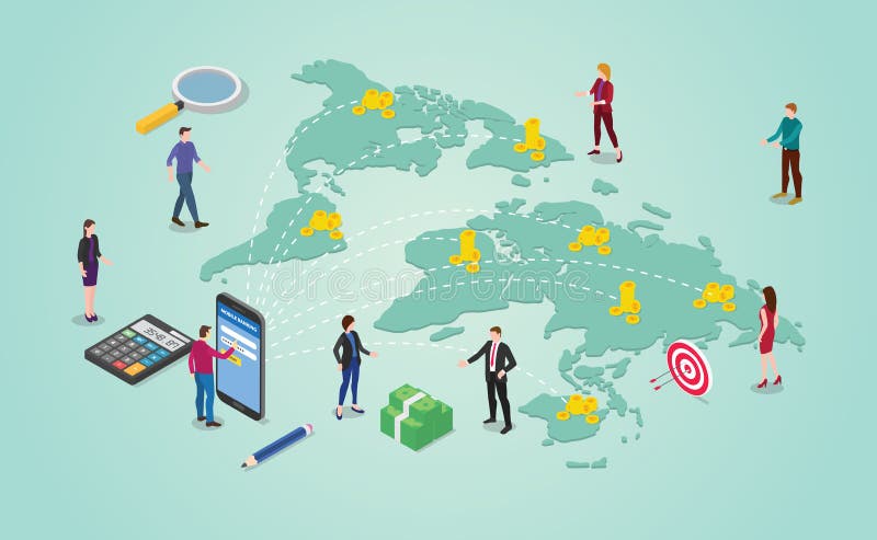 Conceito de transferência de dinheiro com os povos que enviam o dinheiro em torno do destino do mundo global ou internacional com ilustração do vetor Conceito de transferência de dinheiro com os povos que enviam o dinheiro em torno do destino do mundo global ou internacional com ilustração do vetor