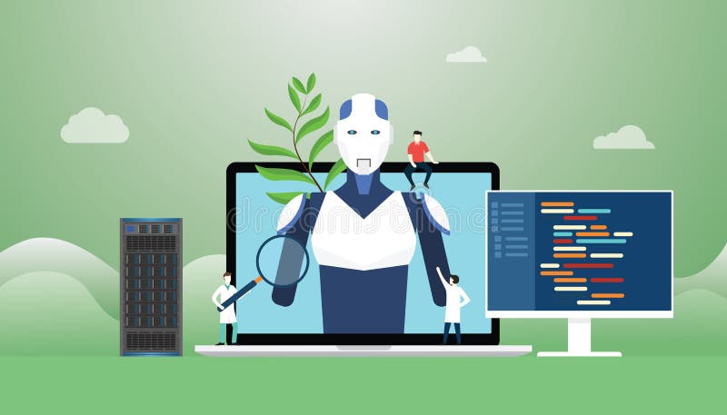 Conceito do ai da inteligência artificial com robô e construção do desenvolvimento de tecnologia com linguagem de programação com ilustração royalty free Conceito do ai da inteligência artificial com robô e construção do desenvolvimento de tecnologia com linguagem de programação com ilustração royalty free
