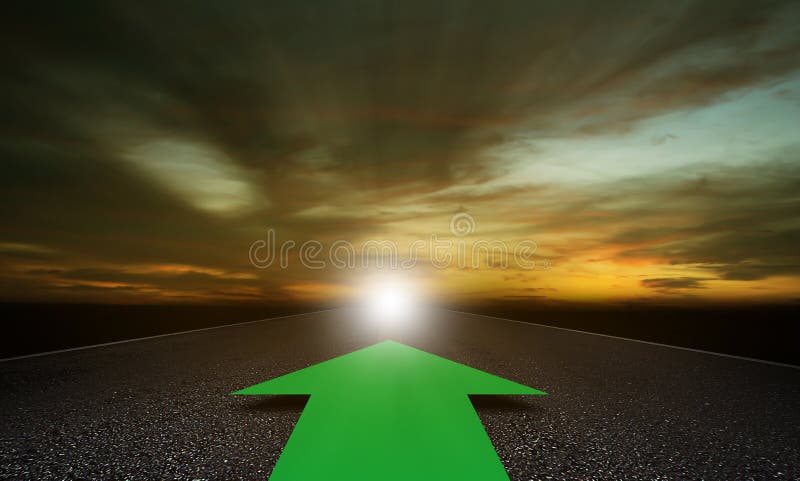 Business alignment concept, strategy and planning, green arrow on road background. Business alignment concept, strategy and planning, green arrow on road background