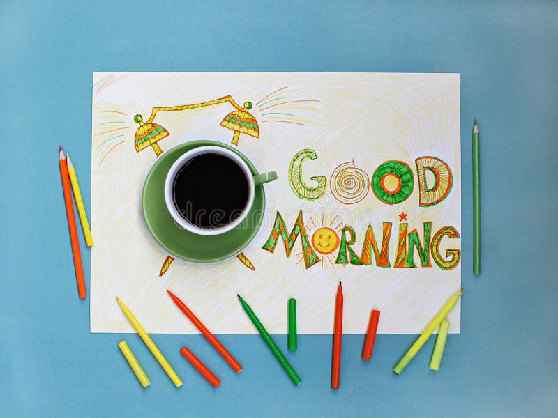 Conceito do café e do despertador do bom dia Xícara de café com o despertador tirado mão imagens de stock royalty free Conceito do café e do despertador do bom dia Xícara de café com o despertador tirado mão imagens de stock royalty free