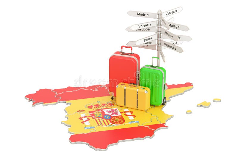 Conceito do curso da Espanha Bandeira espanhola no mapa com malas de viagem e sig ilustração do vetor Conceito do curso da Espanha Bandeira espanhola no mapa com malas de viagem e sig ilustração do vetor