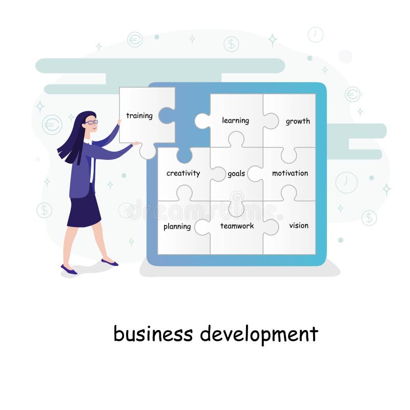 Conceito do desenvolvimento de negócios com uma mulher de negócios nova que coloca partes do enigma com texto em uma parede ilustração royalty free Conceito do desenvolvimento de negócios com uma mulher de negócios nova que coloca partes do enigma com texto em uma parede ilustração royalty free