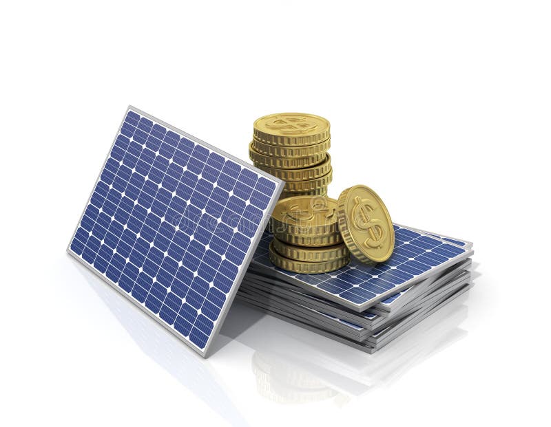 Concept of saving money if use solar panel. Stack of money on the stack of solar panels. Concept of saving money if use solar panel. Stack of money on the stack of solar panels.