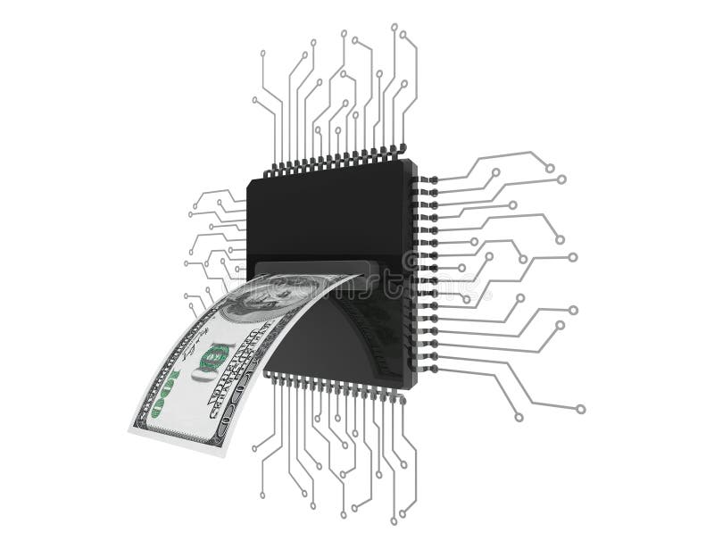 Conceito do dinheiro de Digitas Dólares de Bill sobre os microchip com circuito ilustração stock Conceito do dinheiro de Digitas Dólares de Bill sobre os microchip com circuito ilustração stock