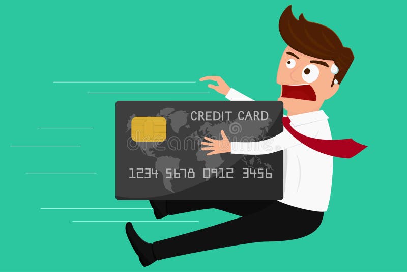 Conceito do débito Homem de negócios do ataque do cartão de crédito ilustração stock Conceito do débito Homem de negócios do ataque do cartão de crédito ilustração stock