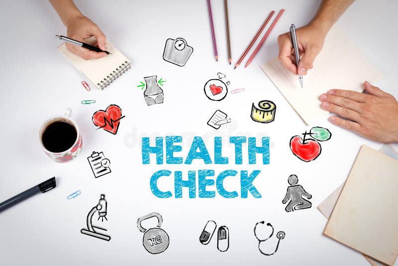 Conceito do exame médico completo Fundo do estilo de vida de Healty A reunião na tabela branca do escritório fotografia de stock royalty free Conceito do exame médico completo Fundo do estilo de vida de Healty A reunião na tabela branca do escritório fotografia de stock royalty free