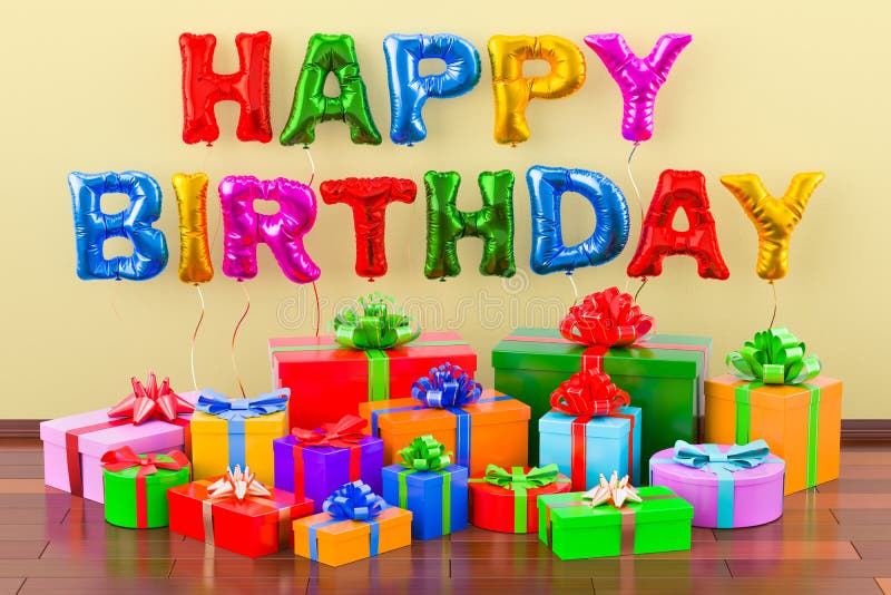 Conceito do feliz aniversario com balões e presentes, rendição 3D ilustração stock