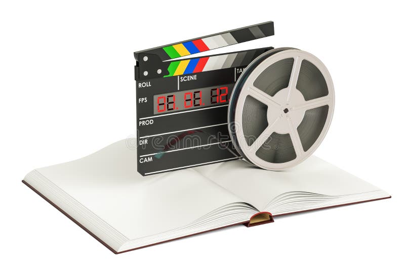 Conceito do filme do guião Livro com viagens e clapperboard do filme, ilustração do vetor Conceito do filme do guião Livro com viagens e clapperboard do filme, ilustração do vetor