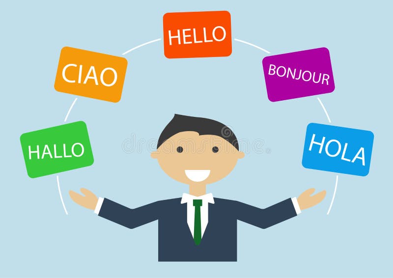 Conceito do homem de negócio multilingue que fala muitas línguas diferentes ilustração do vetor