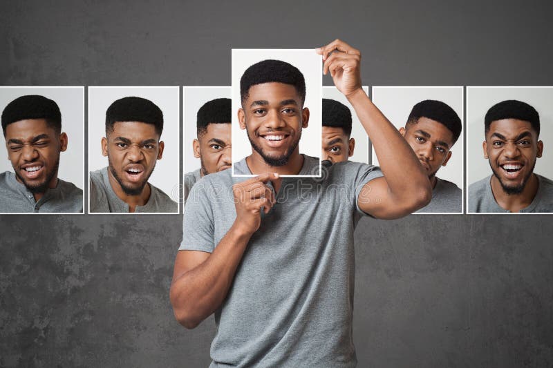 Black man choosing expression of his face, conceptual photo of insincerity people in world. Black man choosing expression of his face, conceptual photo of insincerity people in world