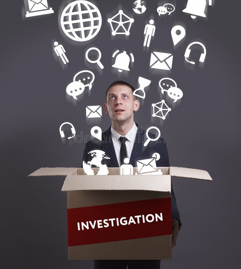 Negócios, Tecnologia, Internet e conceito de rede. Jovem empresário mostra a palavra: Investigação fotos de stock