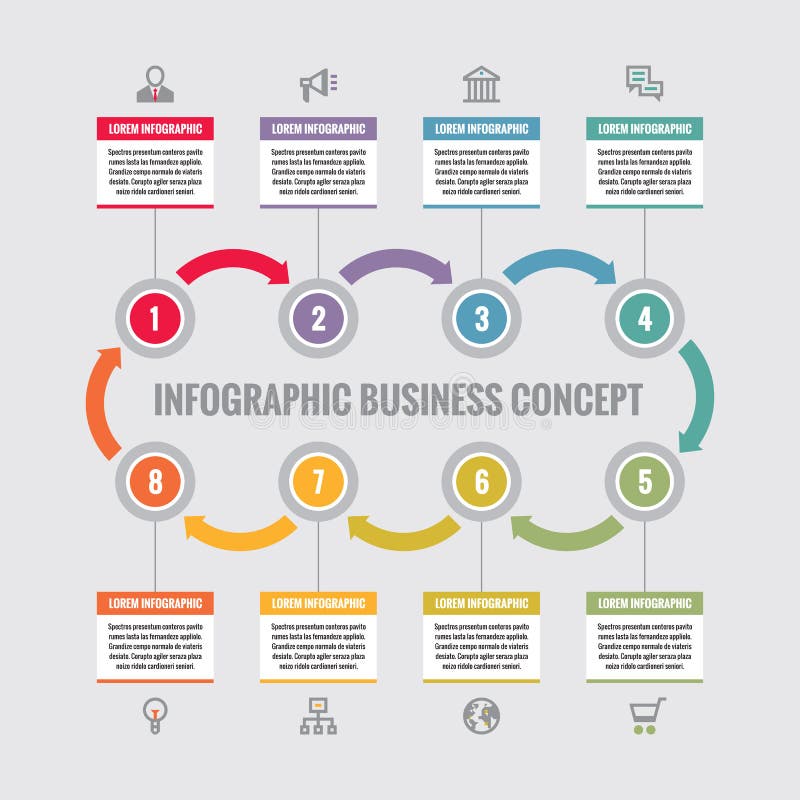 Conceito do negócio de Infographic - disposição criativa do vetor com ícones Círculos e setas Ciclo infographic Infographics do p ilustração stock Conceito do negócio de Infographic - disposição criativa do vetor com ícones Círculos e setas Ciclo infographic Infographics do p ilustração stock