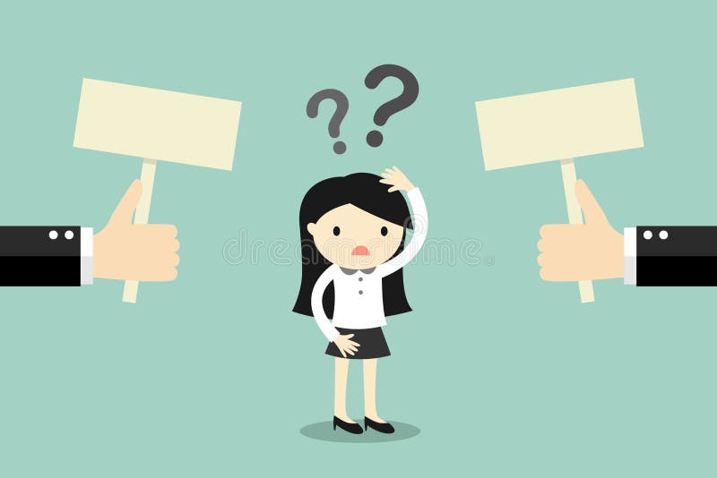Conceito do negócio, mulher de negócio confundida aproximadamente duas escolhas ilustração do vetor Conceito do negócio, mulher de negócio confundida aproximadamente duas escolhas ilustração do vetor