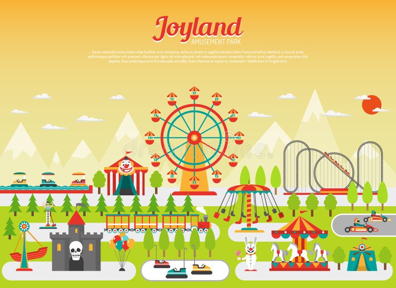 Amusement park concept with flat fairground elements with mountains on background vector illustration. Amusement park concept with flat fairground elements with mountains on background vector illustration