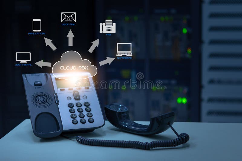 Conceito do pbx da nuvem da telefonia do IP, dispositivo do telefone com ícone da ilustração de serviços de voip