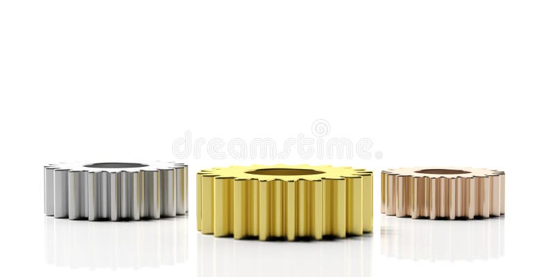 Conceito do pódio do ` s do vencedor Três rodas denteadas do metal isoladas no fundo branco ilustração 3D ilustração do vetor Conceito do pódio do ` s do vencedor Três rodas denteadas do metal isoladas no fundo branco ilustração 3D ilustração do vetor