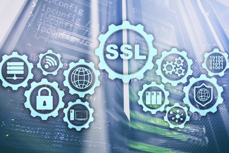 Conceito do SSL Secure Sockets Layer Os protocolos criptograficamente fornecem comunicações fixadas Fundo da sala do servidor fotos de stock Conceito do SSL Secure Sockets Layer Os protocolos criptograficamente fornecem comunicações fixadas Fundo da sala do servidor fotos de stock