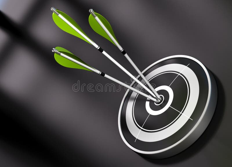 3 green arrows hitting the center of a black target, concept of partnership over a black background. 3 green arrows hitting the center of a black target, concept of partnership over a black background