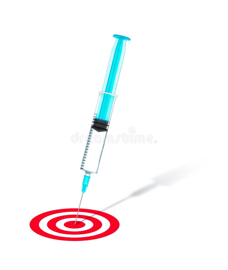 Conceito do tratamento bem sucedido seringa no centro de um alvo vermelho imagem de stock Conceito do tratamento bem sucedido seringa no centro de um alvo vermelho imagem de stock