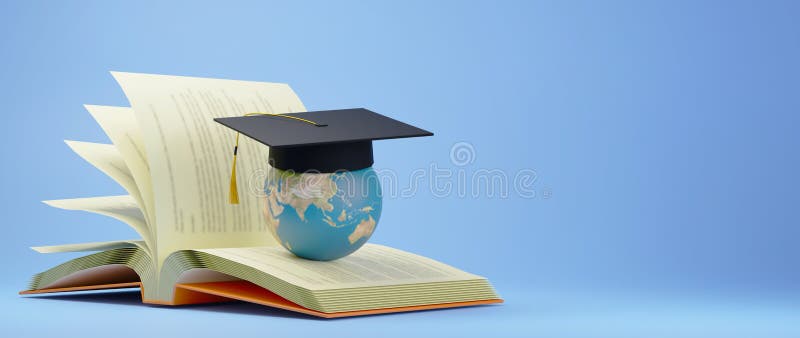 Education concept. 3d of The world wears a graduate hat on the book on blue background. Modern flat design isometric concept of Education. Back to school. Education concept. 3d of The world wears a graduate hat on the book on blue background. Modern flat design isometric concept of Education. Back to school