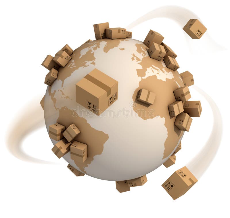 Cardboard boxes around the world - global shipment 3d concept. Cardboard boxes around the world - global shipment 3d concept