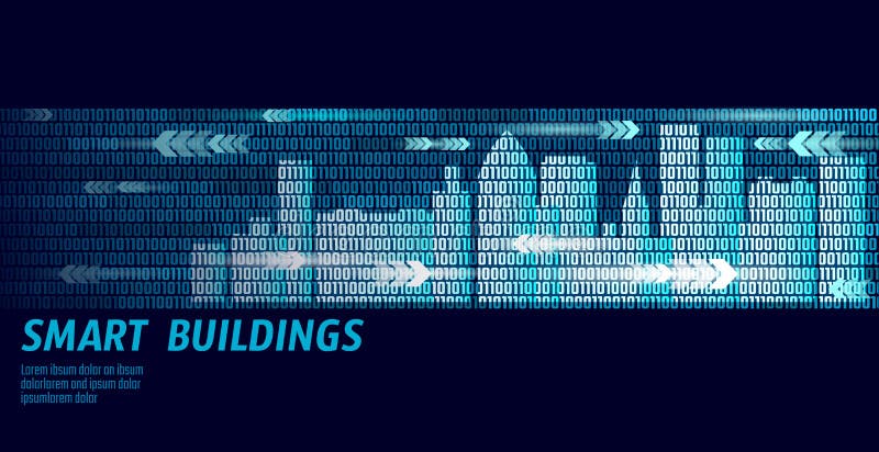 Smart city intelligent building automation system business concept. Binary code number data flow. Architecture urban cityscape technology sketch banner vector illustration art. Smart city intelligent building automation system business concept. Binary code number data flow. Architecture urban cityscape technology sketch banner vector illustration art