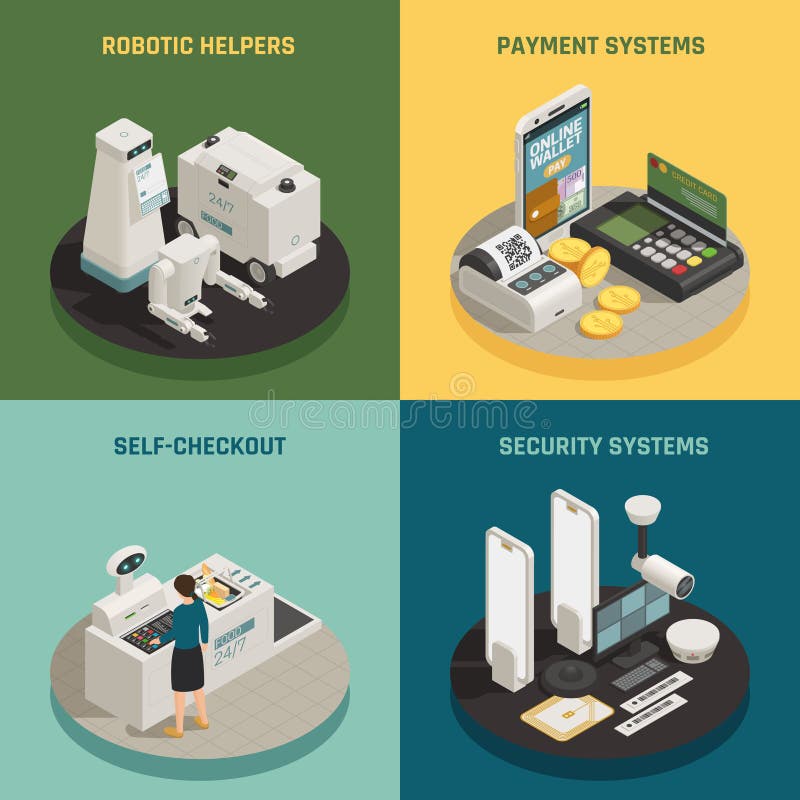 Commercial robotic helpers in stores shops supermarkets 4 isometric icons concept with self-checkout payment vector illustration. Commercial robotic helpers in stores shops supermarkets 4 isometric icons concept with self-checkout payment vector illustration