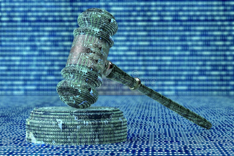 Conceito legal do juiz do computador, martelo do cyber, ilustração 3D