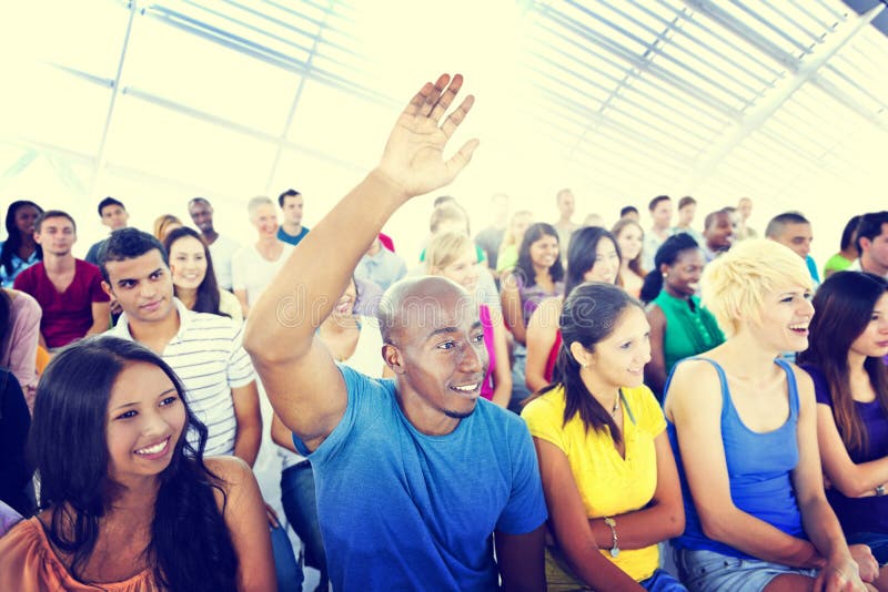 Group People Casual Learning Lecture Hand Raised Concept. Group People Casual Learning Lecture Hand Raised Concept