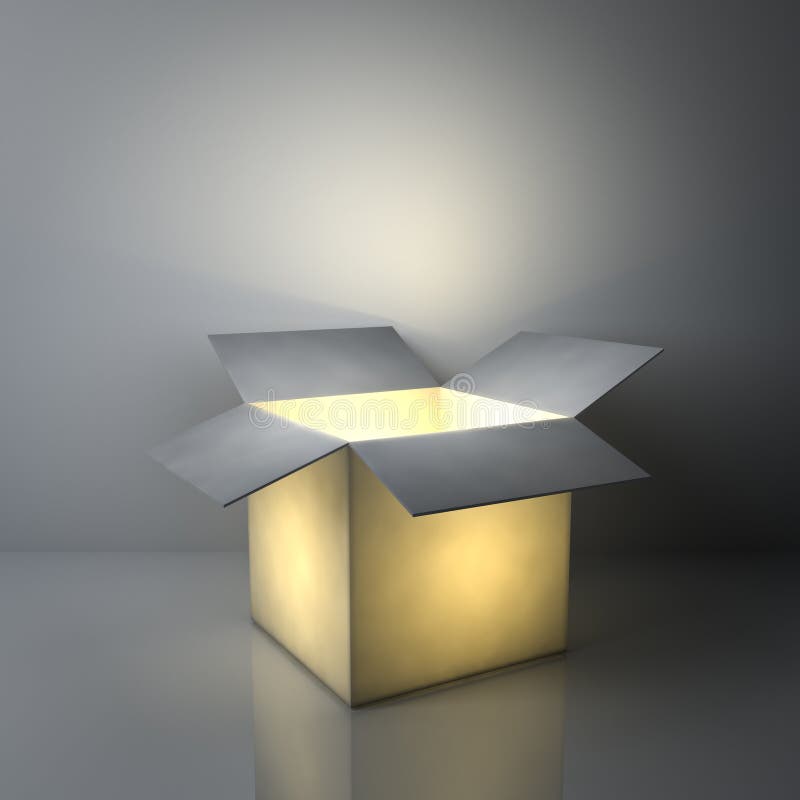Conceitos criativos da ideia, uma caixa leve aberta luminosa que incandesce no fundo cinzento escuro ilustração do vetor Conceitos criativos da ideia, uma caixa leve aberta luminosa que incandesce no fundo cinzento escuro ilustração do vetor