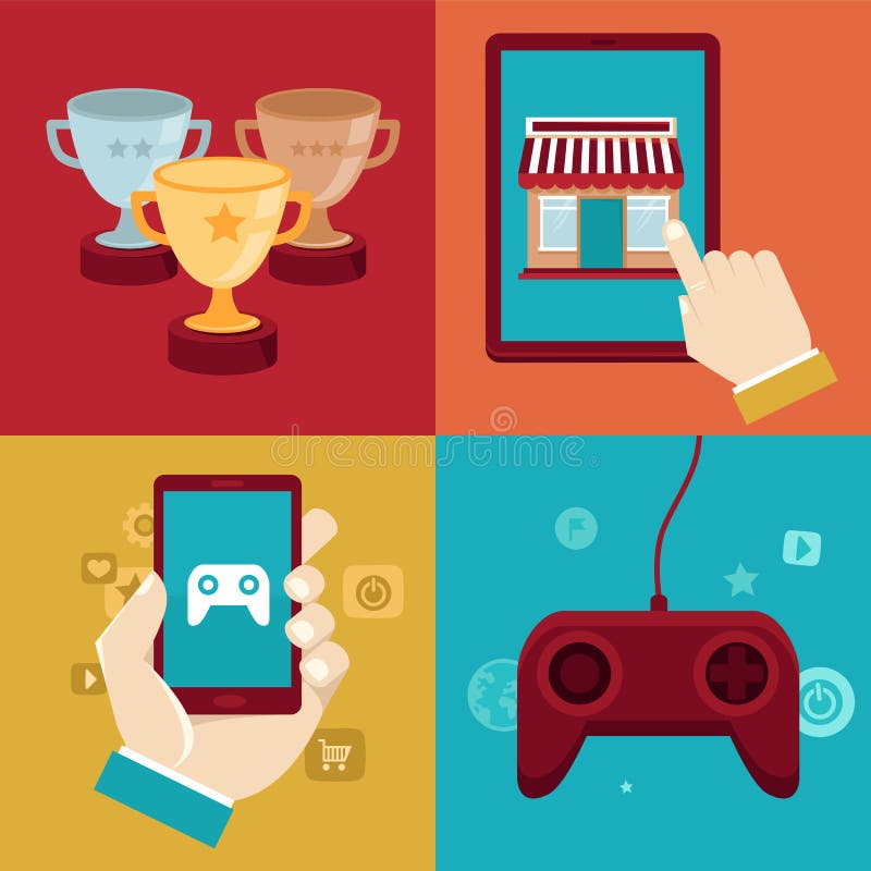 Conceitos do gamification do vetor - ícones lisos do app ilustração do vetor Conceitos do gamification do vetor - ícones lisos do app ilustração do vetor