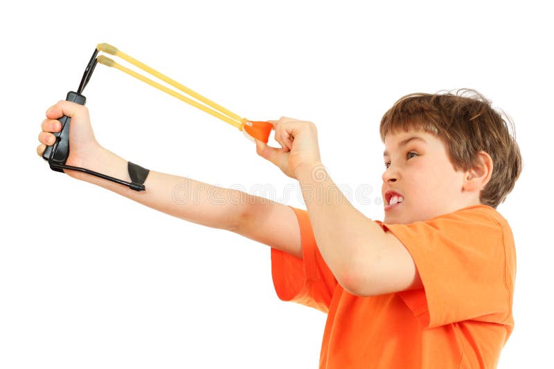 Concentrated boy with slingshot aim