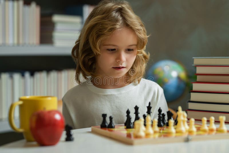 Concentrated Child Boy Developing Chess Strategy, Playing Board Game