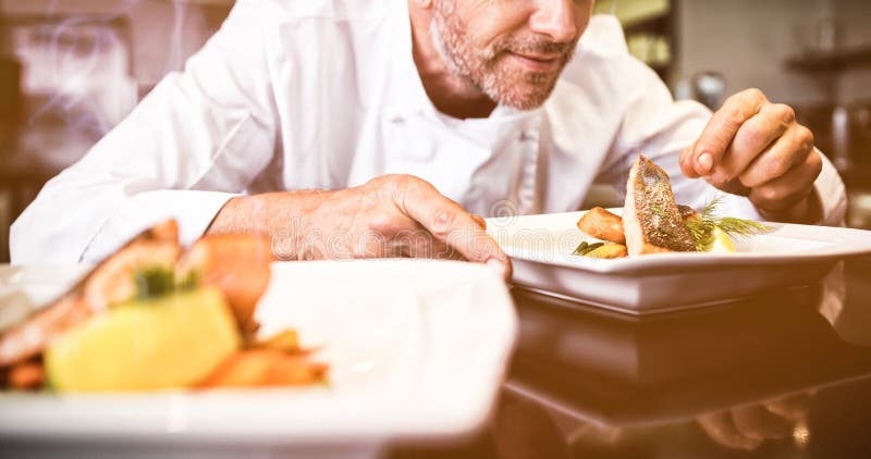 Concentrated male chef garnishing food in kitchen stock image Concentrated male chef garnishing food in kitchen stock image