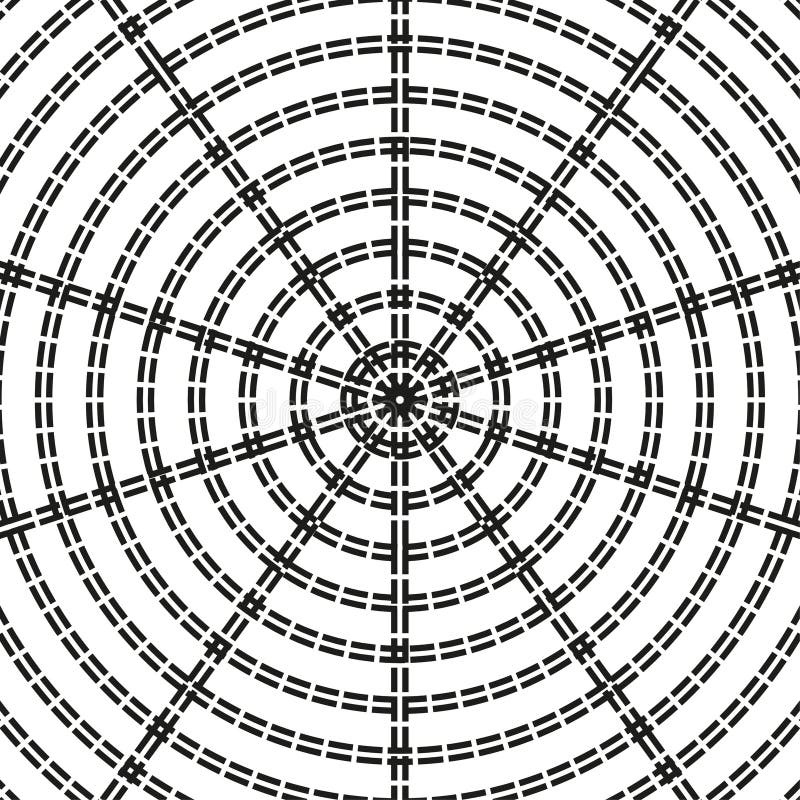 Concentric arc pattern. Radial vector grid. Circular symmetry design. Monochrome abstract form. stock illustration