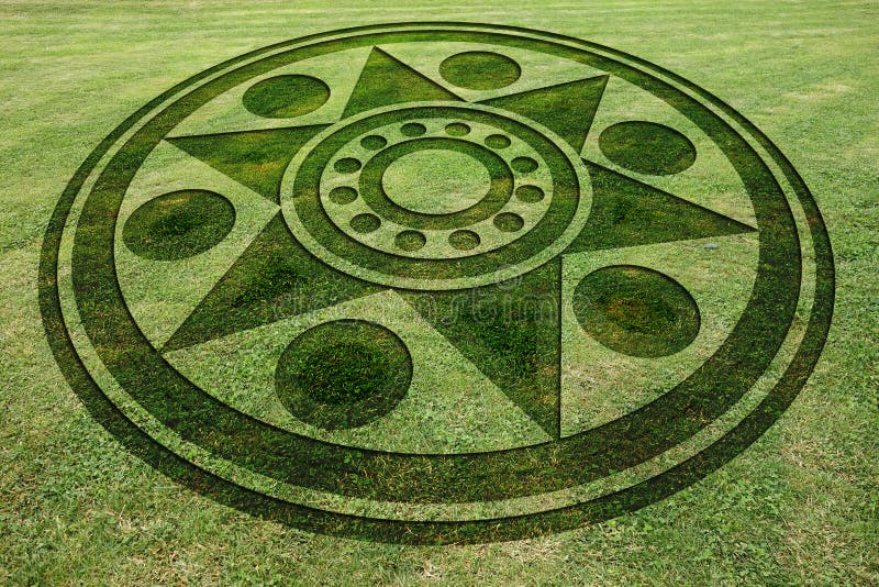 Concentric circles star fake crop circle in the meadow
