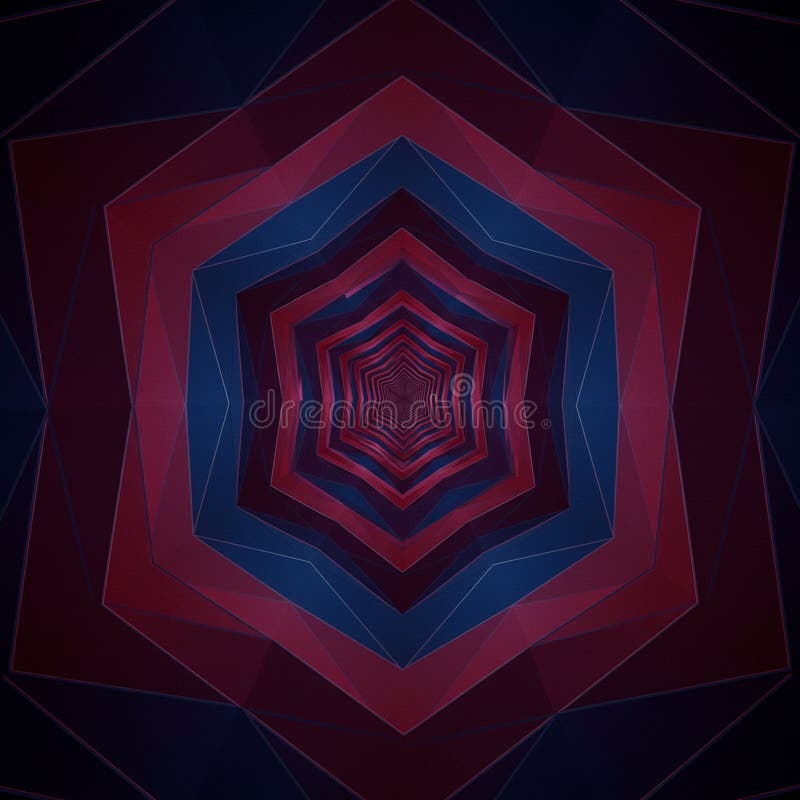 Concentric hexagonal shapes create a tunnel effect, alternating between dark red and deep blue tones stock illustration