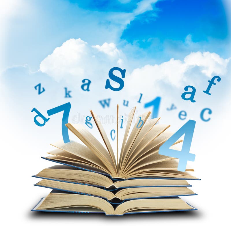 The Magic Book and the letters on a sky background. Education concep. The Magic Book and the letters on a sky background. Education concep