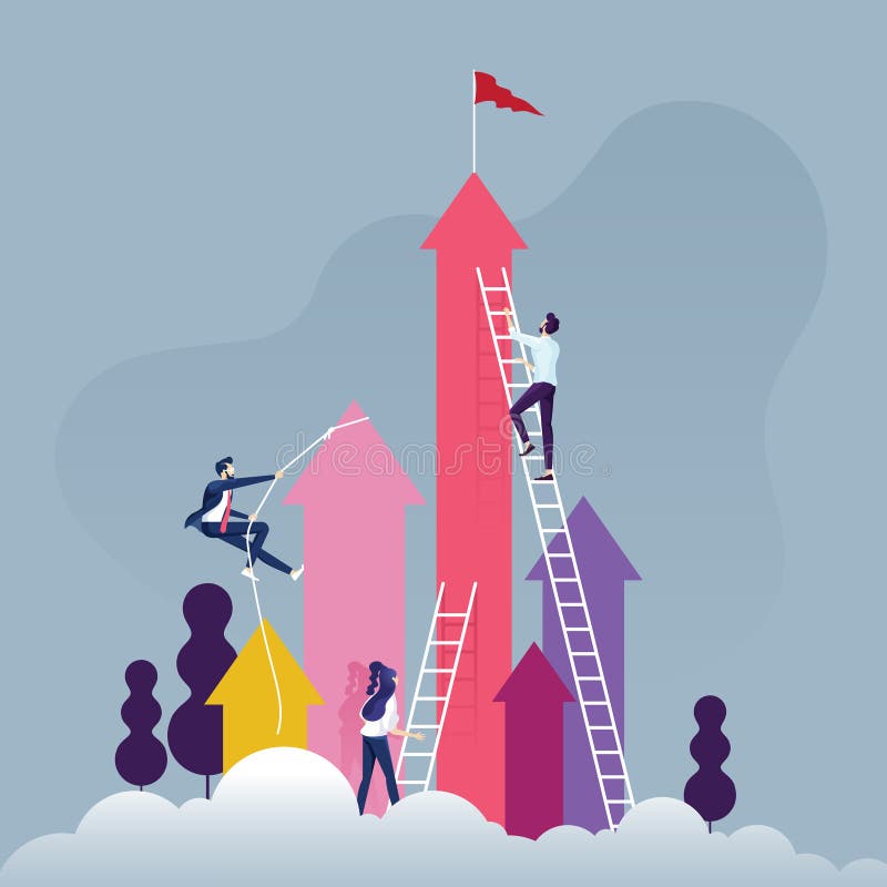 Concepción de la competencia empresarial grupo de empresarios competitivos trepando la escalera en una nube