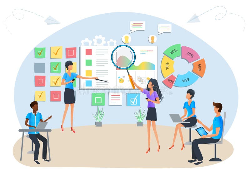Concept of agile project management, software development process. Business teamwork. Team brainstorming. Tasks planning stock illustration